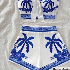 Women's Blue Palm-Print Two-Piece Set — White & Blue